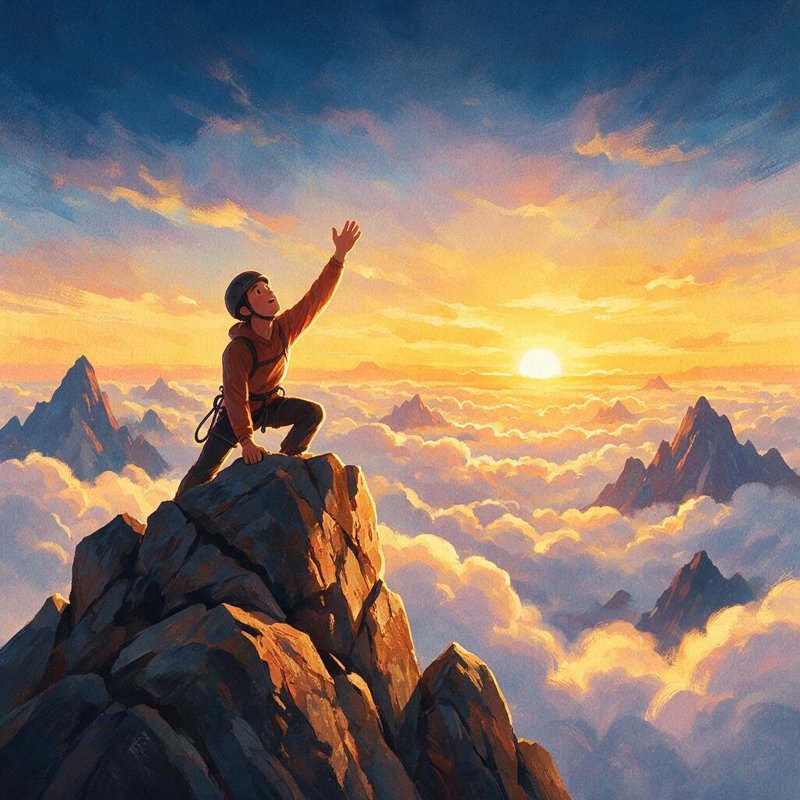 A climber reaching a mountain summit at sunrise