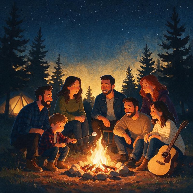 A family around a campfire under the stars