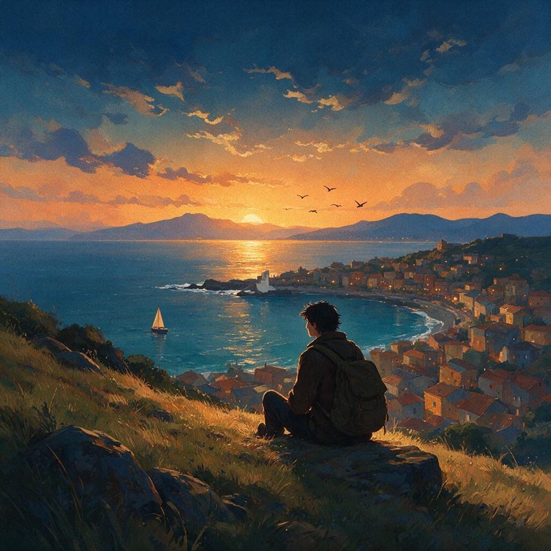 A traveler overlooking a coastal village at dusk